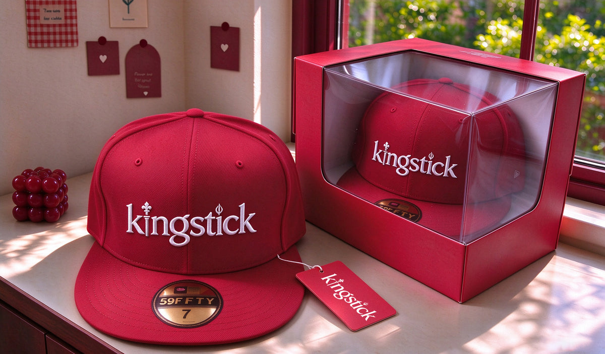 Kingstick Flat Brim Snapback Hat, Red Embroidered Baseball Cap, Classic Solid Color Flat Bill Cap for Men Women Daily Wear, Gift Box Included