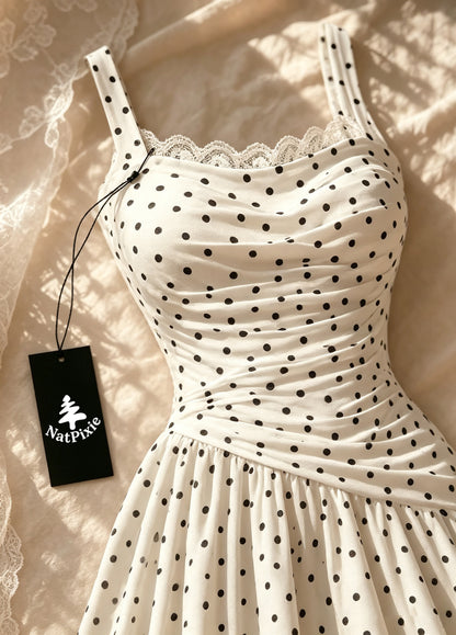 NatPixie Women's Spaghetti Strap Midi Dress, White Black Polka Dot Dress with Lace Trim, Ruched Waist Flowy A Line Summer Dress for Party Vacation