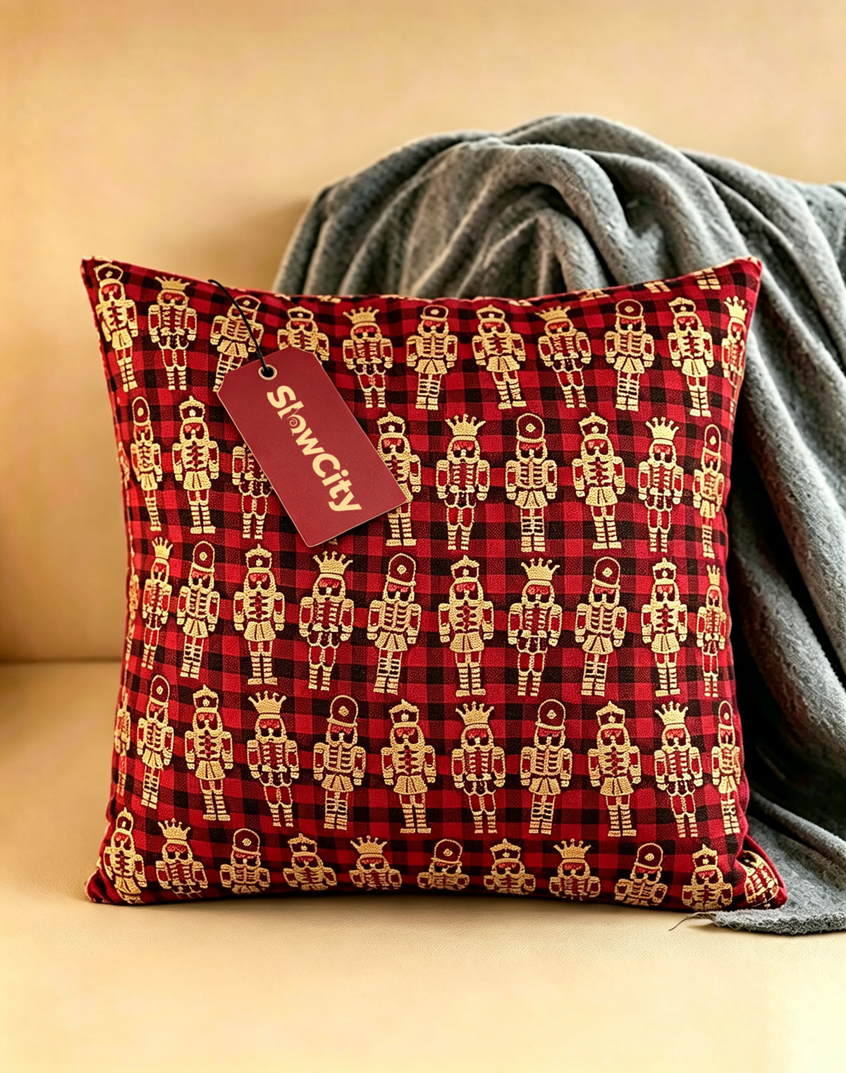 SlowCity Christmas Nutcracker Throw Pillow, Red Buffalo Plaid Square Decorative Pillow, Woven Jacquard Cushion for Sofa Couch Home Holiday Decoration