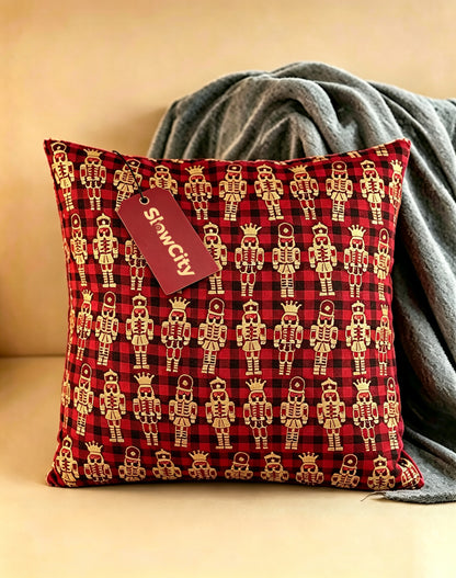 SlowCity Christmas Nutcracker Throw Pillow, Red Buffalo Plaid Square Decorative Pillow, Woven Jacquard Cushion for Sofa Couch Home Holiday Decoration