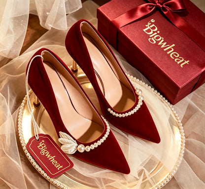 Bigwheat Women's Red Velvet High Heels, Pointed Toe Pearl Embroidery Flower Pumps, Stiletto Heel Bridal Wedding Shoes for Party Banquet