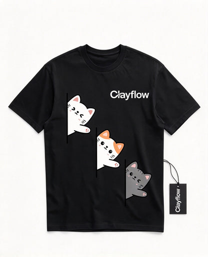 Clayflow Cute Peeking Cats Graphic T-Shirt, Casual Short Sleeve Crew Neck Tee, Funny Cartoon Kitten Print Shirt for Men Women