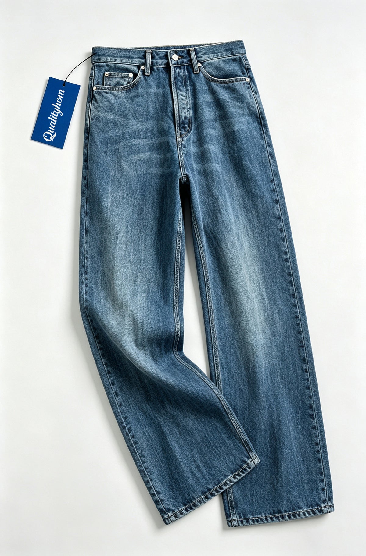 Qualityhom High Waist Wide Leg Jeans for Women, Vintage Washed Loose Denim Pants, Casual Straight Baggy Denim Trousers with Pockets