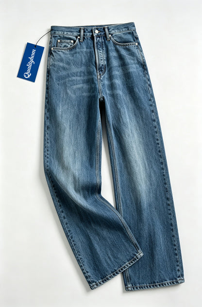Qualityhom High Waist Wide Leg Jeans for Women, Vintage Washed Loose Denim Pants, Casual Straight Baggy Denim Trousers with Pockets