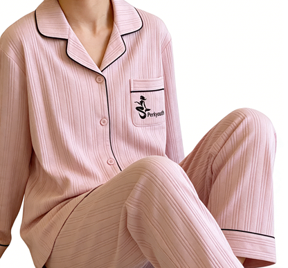 【Perkyouth Striped Button-Down Pajama Set】—— Elegant & Cozy Sleepwear for Relaxed Nights