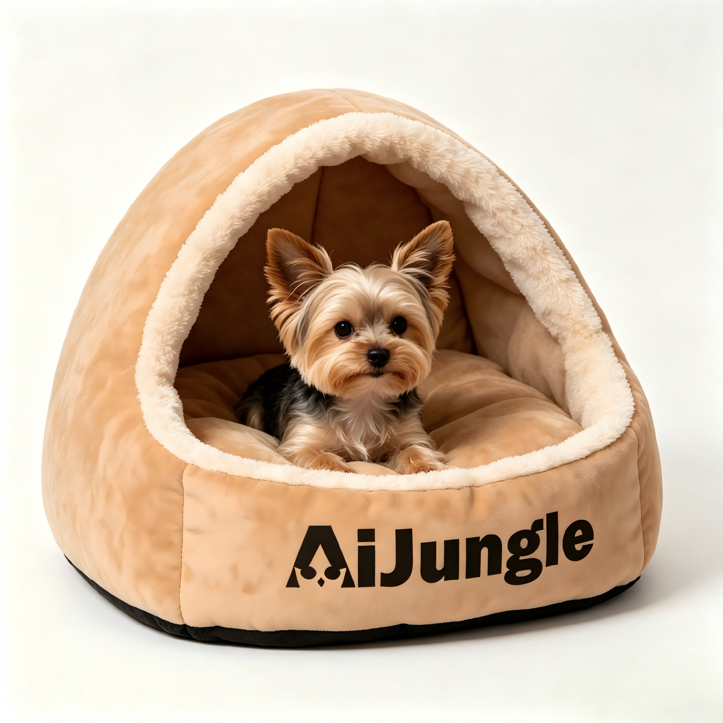 AiJungle Cozy Cave Dog Bed, Soft Plush Hooded Pet Bed for Small Dogs & Cats, Warm Semi-Enclosed Nest with Non-Slip Bottom, Beige