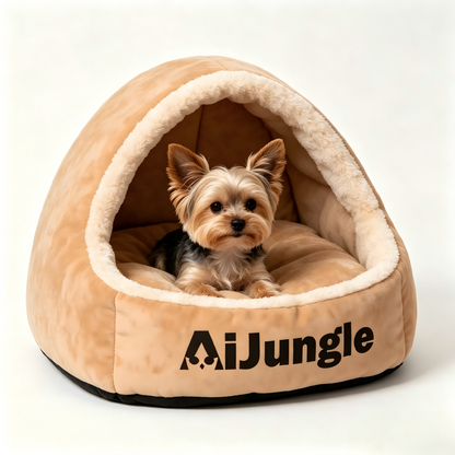 AiJungle Cozy Cave Dog Bed, Soft Plush Hooded Pet Bed for Small Dogs & Cats, Warm Semi-Enclosed Nest with Non-Slip Bottom, Beige