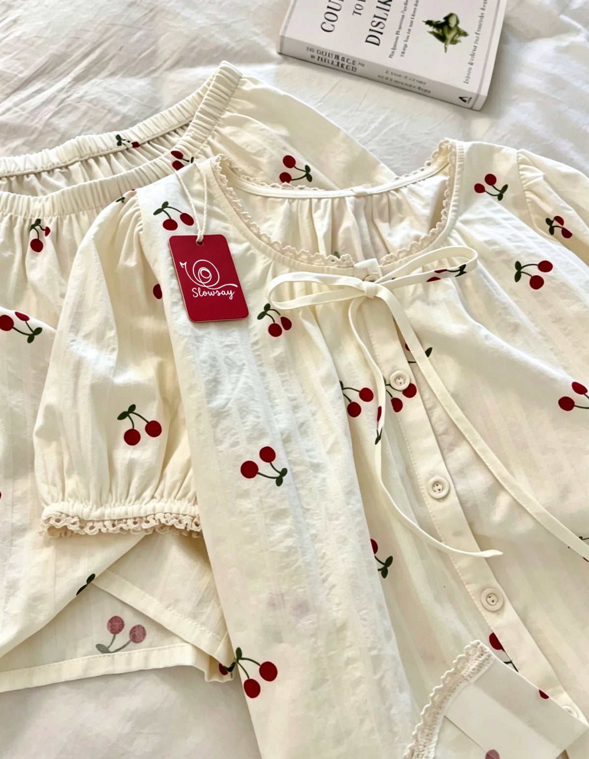 Slowsay Women’s Short Sleeve Sleepwear Set, Sweet Cherry Print Sleepwear with Lace Trim, Front Button Down Bow Loose 2 Piece Pajama Set