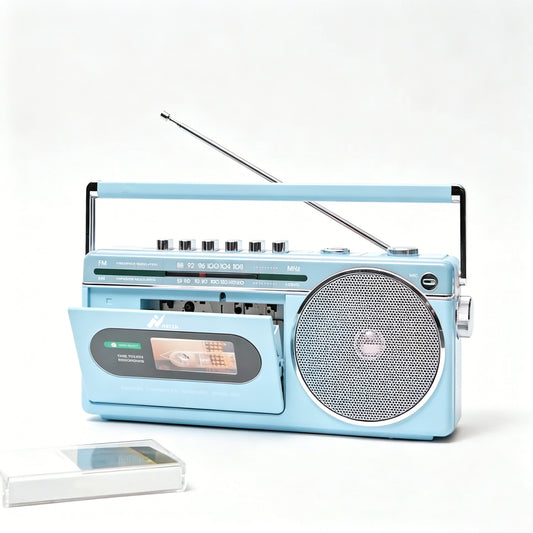 NETZU CFM-120 Retro Cassette Tape Recorder Boombox, Portable FM AM Dual Band Radio with One Touch Recording, Vintage Radio Cassette Player with Foldable Handle & Telescopic Antenna