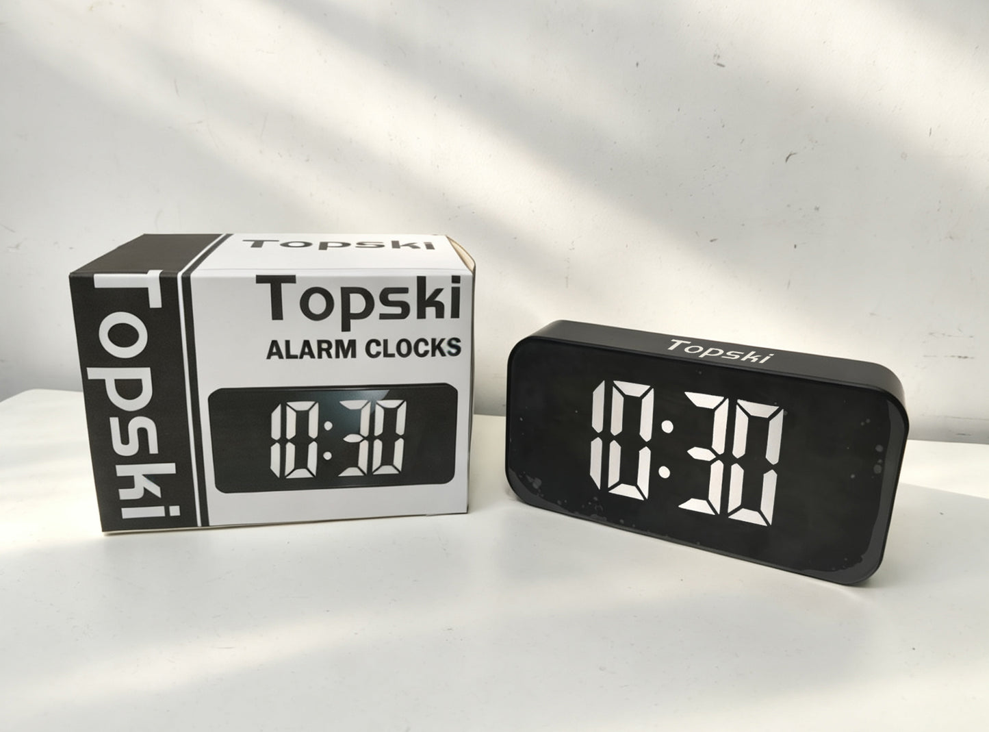 Topski Digital Alarm Clock, Large LED Mirror Display Bedside Clock with Adjustable Brightness, Snooze Function, Dual Power Supply Electronic Clock for Bedroom, Desk, Office, Kids Adults