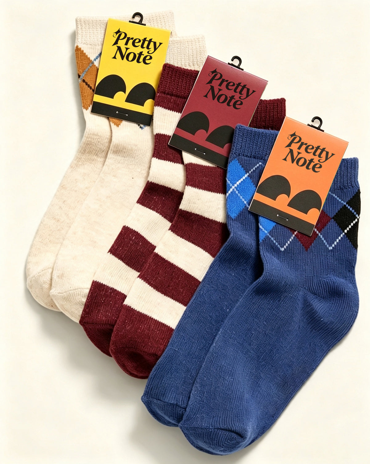 Pretty Note Women's Vintage Mid Calf Socks, 3 Pairs Retro Argyle & Striped Knit Crew Socks, Casual Preppy Style Cotton Socks for Daily Wear
