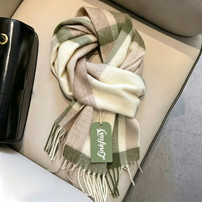 Linkfish Women Plaid Scarf, Soft Thick Tassel Shawl Wrap, Classic Green Beige Check Scarves, Large Warm Blanket Scarf for Fall Winter, Fashion Ladies Neck Scarf