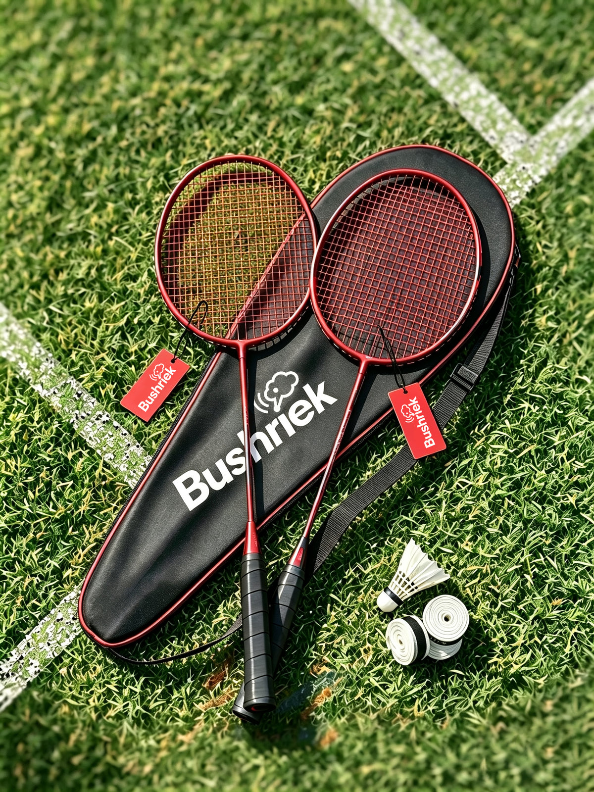Bushriek Badminton Rackets Set of 2, Lightweight Carbon‑Fiber Shuttlecock Game Kit with Carry Bag, 1 Shuttlecock & 3 Overgrips, for Adults, Beginners & Recreational Outdoor Play