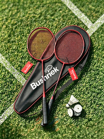 Bushriek Badminton Rackets Set of 2, Lightweight Carbon‑Fiber Shuttlecock Game Kit with Carry Bag, 1 Shuttlecock & 3 Overgrips, for Adults, Beginners & Recreational Outdoor Play