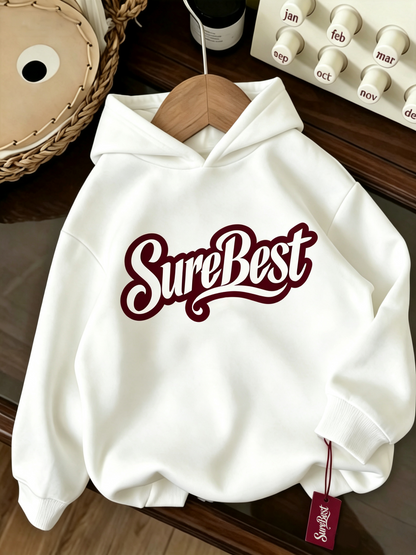 SureBest Kids Hoodie, Boys Girls Long Sleeve Pullover Hooded Sweatshirt, Vintage Letter Embroidery White Casual Hoodies for Children