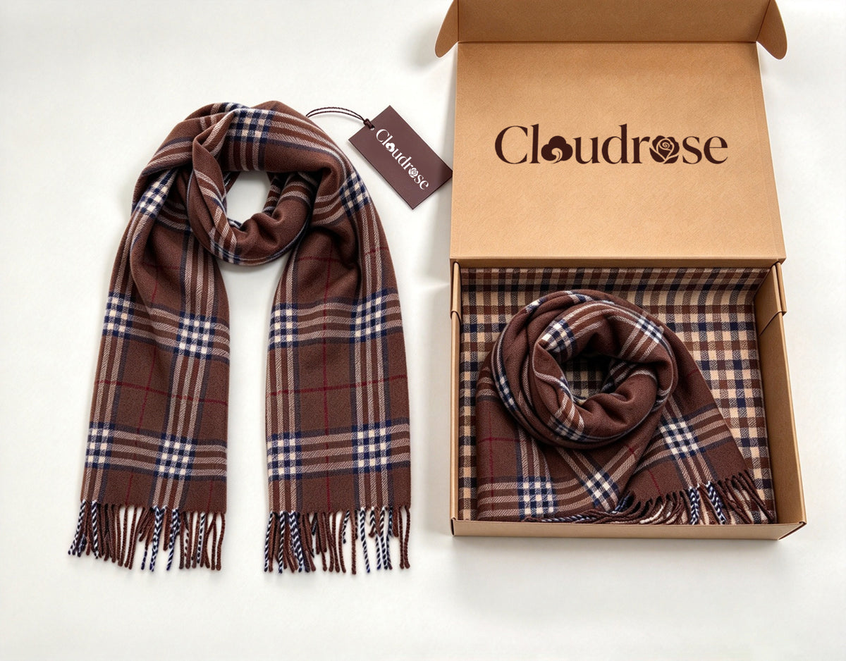 Cloudrose Plaid Tassel Scarf, Soft Warm Lightweight Wrap Scarf for Men Women, Classic Checked Scarves for Fall Winter Daily Wear Gift Box Included
