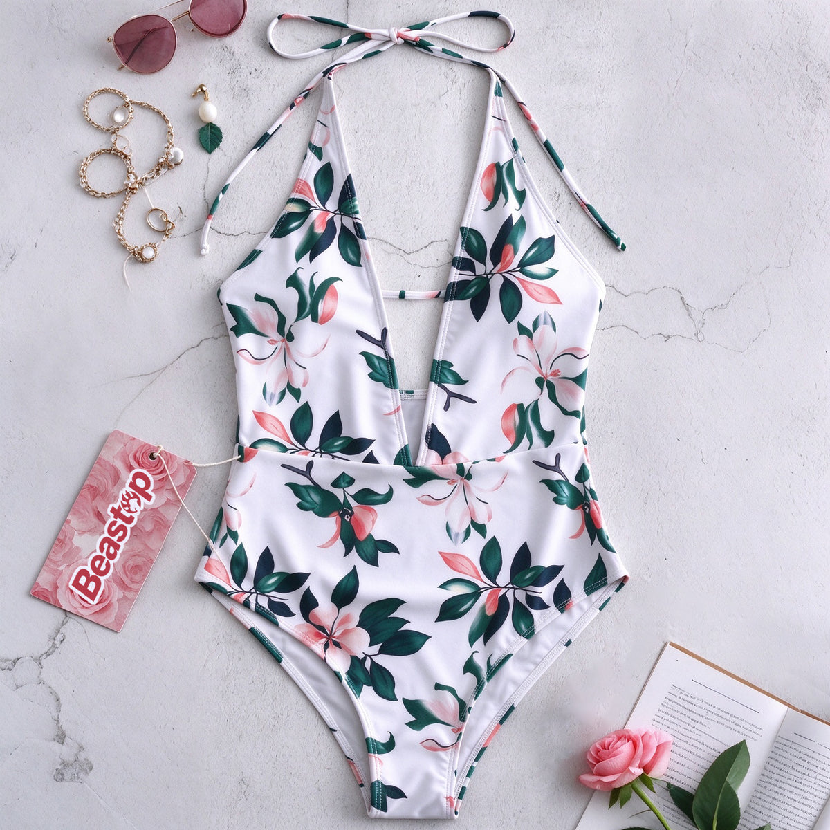 Beastop Women's Floral One Piece Swimsuit Deep V Halter Tie Back Tummy Control Bathing Suit for Beach Pool