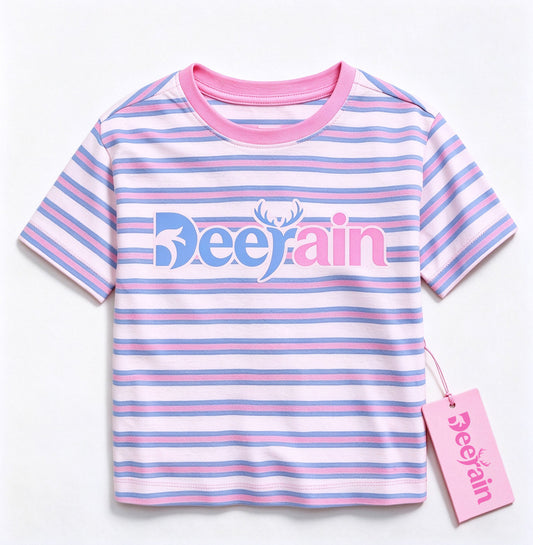 Deerain Kids Short Sleeve T-Shirt, Pink Blue White Striped Crew Neck Crop Top, Letter Print Casual Tee for Girls