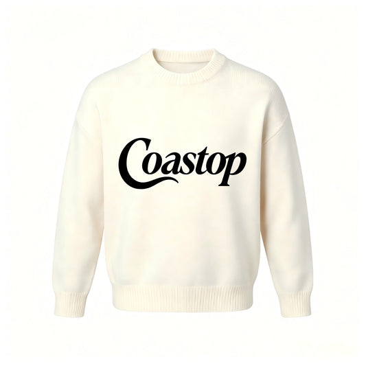 Coastop Off-White Crewneck Knit Sweater, Unisex Letter Print Loose Pullover, Casual Warm Top for Fall Winter