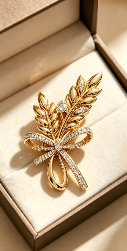 FREERA Wheat Bow Brooch, Gold-Plated Crystal Pin, Luxury Fashion Accessory for Suits, Coats, and Gifts