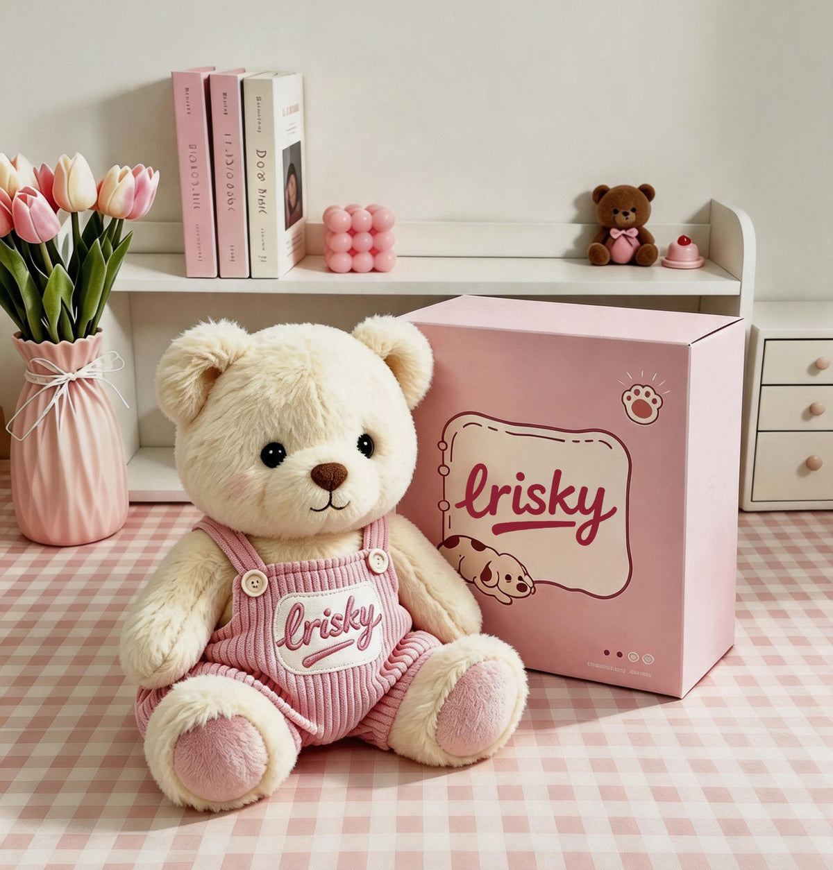 lrisky cute teddy bear plush doll with gift box, soft stuffed animal bear wearing pink overalls, birthday gift for girls & kids