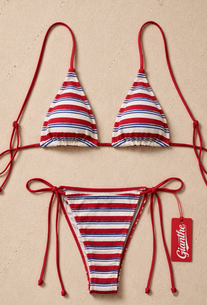 Gianthe Women's Triangle Bikini Set, Red White Blue Striped Tie Side Swimsuit, Two Piece Split Bathing Suit for Beach