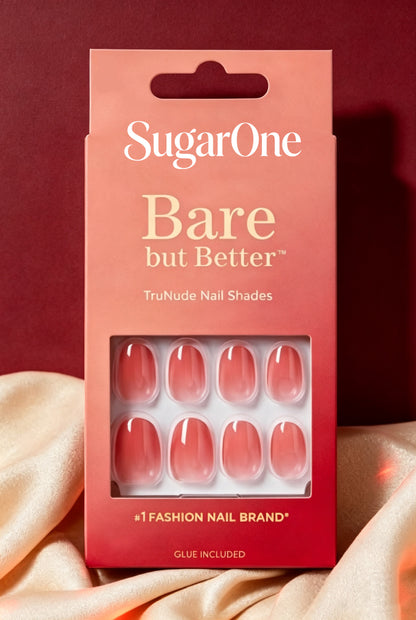 SugarOne Short Oval False Nails, TruNude Gradient Glossy False Nails for Women, Reusable Full Cover Stick on False Nails, Manicure Kit with Nail Glue Included