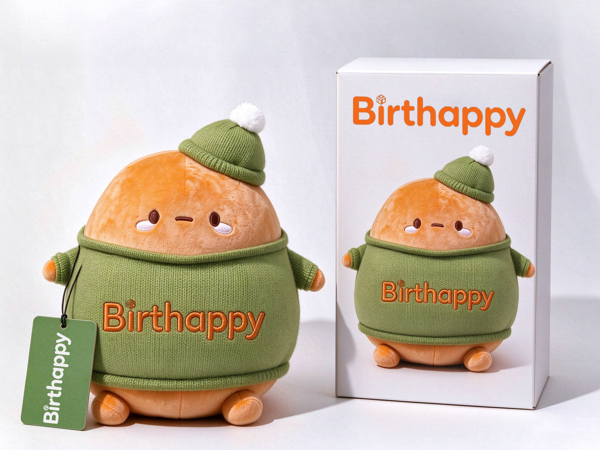 Birthappy Cute Round Plush Toy, Soft Stuffed Animal Doll with Knitted Sweater & Pom Pom Beanie, Gift Box Packaging for Birthday Christmas