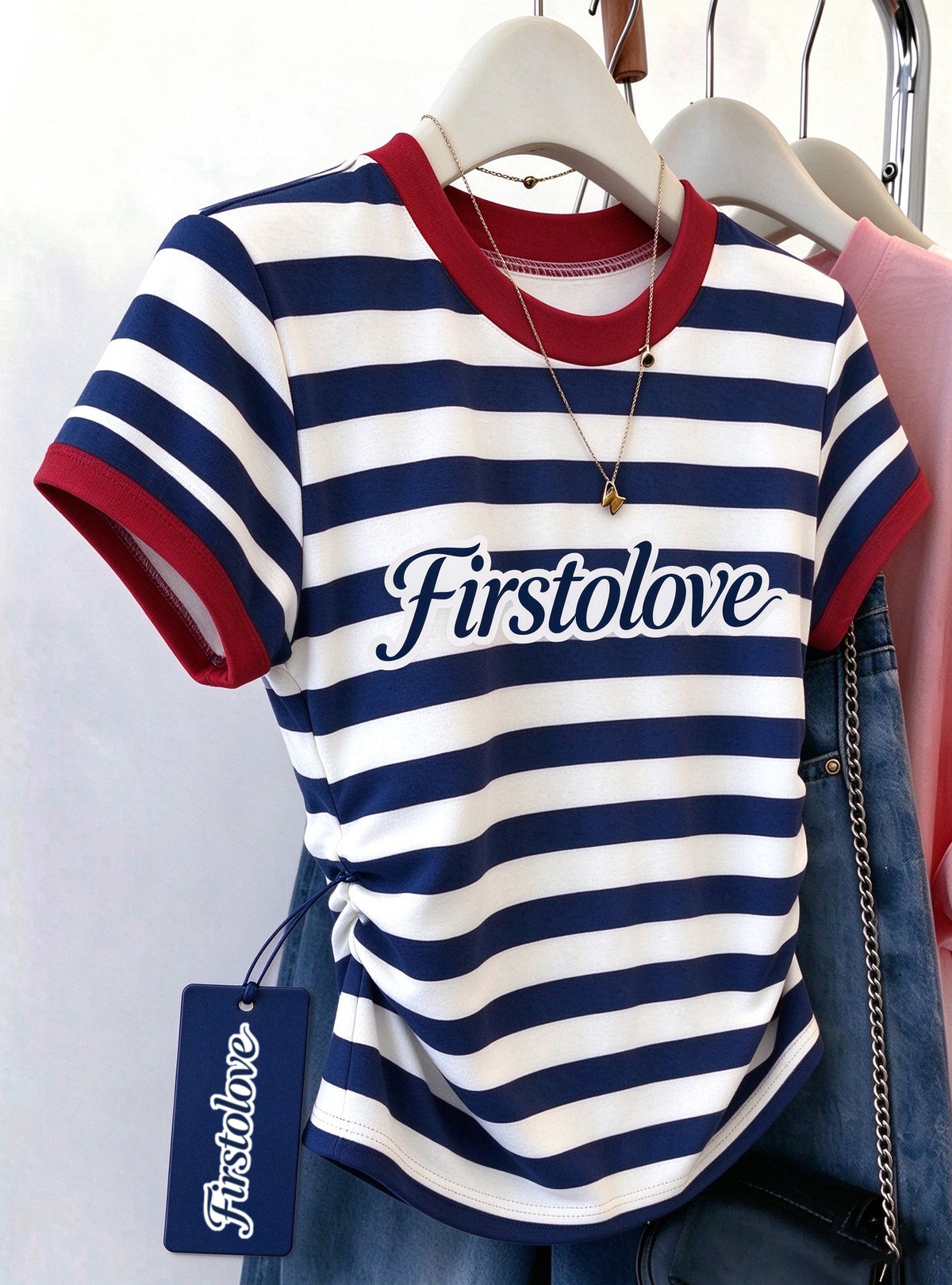 Firstolove Women's Striped Short Sleeve T-Shirt, Color Block Crew Neck Slim Fit Tee, Side Ruched Casual Summer Top