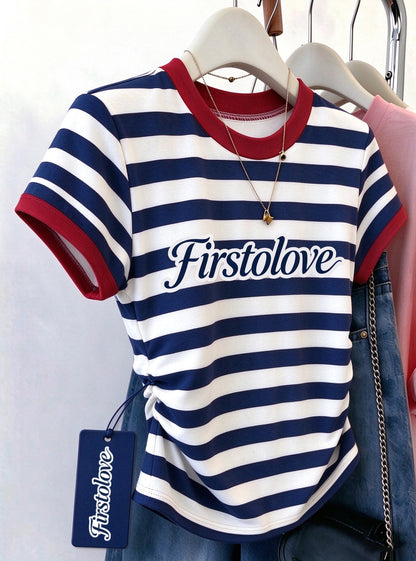 Firstolove Women's Striped Short Sleeve T-Shirt, Color Block Crew Neck Slim Fit Tee, Side Ruched Casual Summer Top