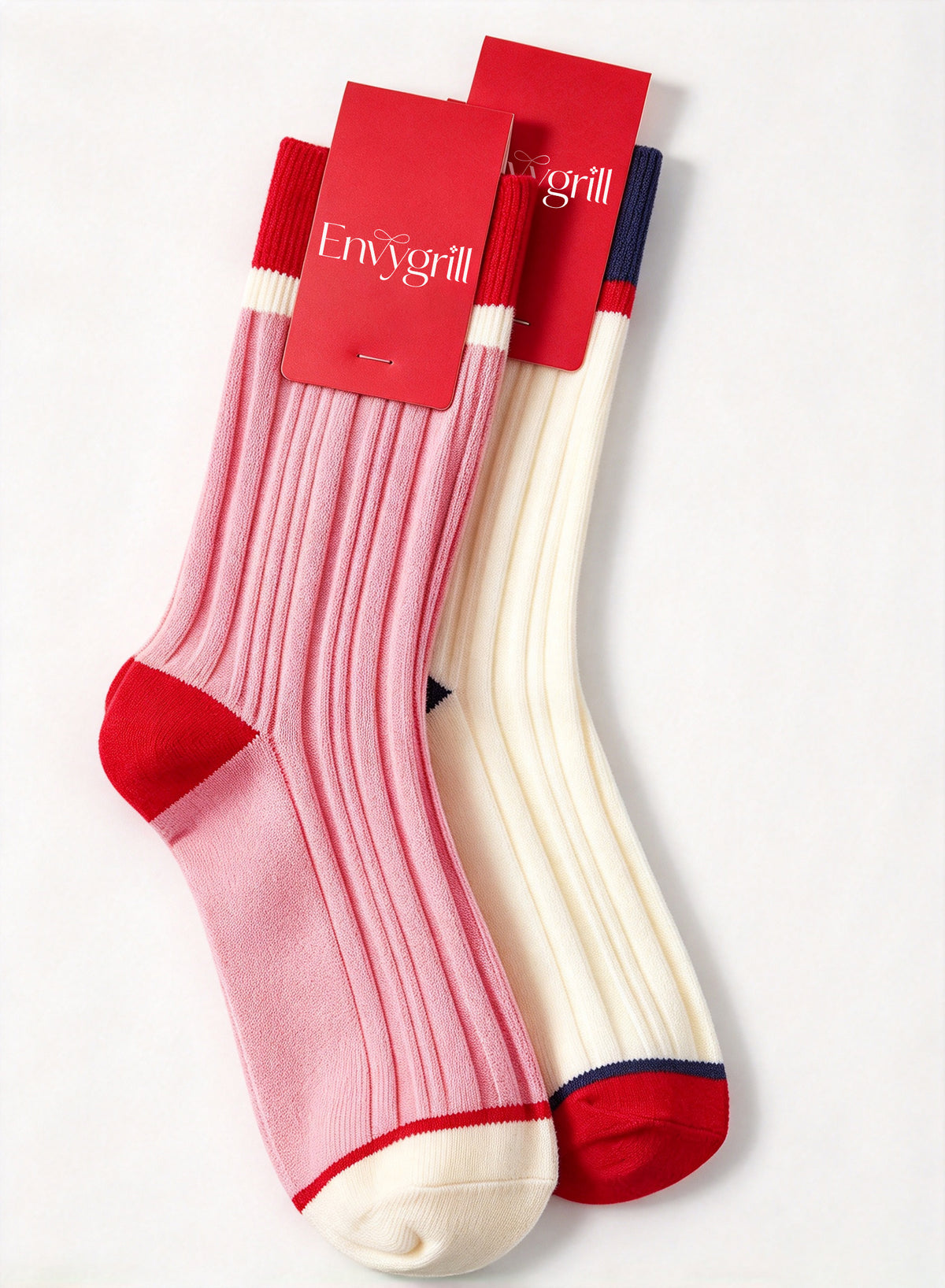 Envygrill Women's Color Block Crew Socks, Vertical Ribbed Casual Mid Calf Socks, Soft Preppy Style Fashion Socks for Daily Wear 2 Pairs