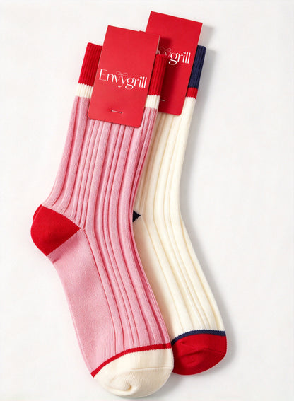 Envygrill Women's Color Block Crew Socks, Vertical Ribbed Casual Mid Calf Socks, Soft Preppy Style Fashion Socks for Daily Wear 2 Pairs