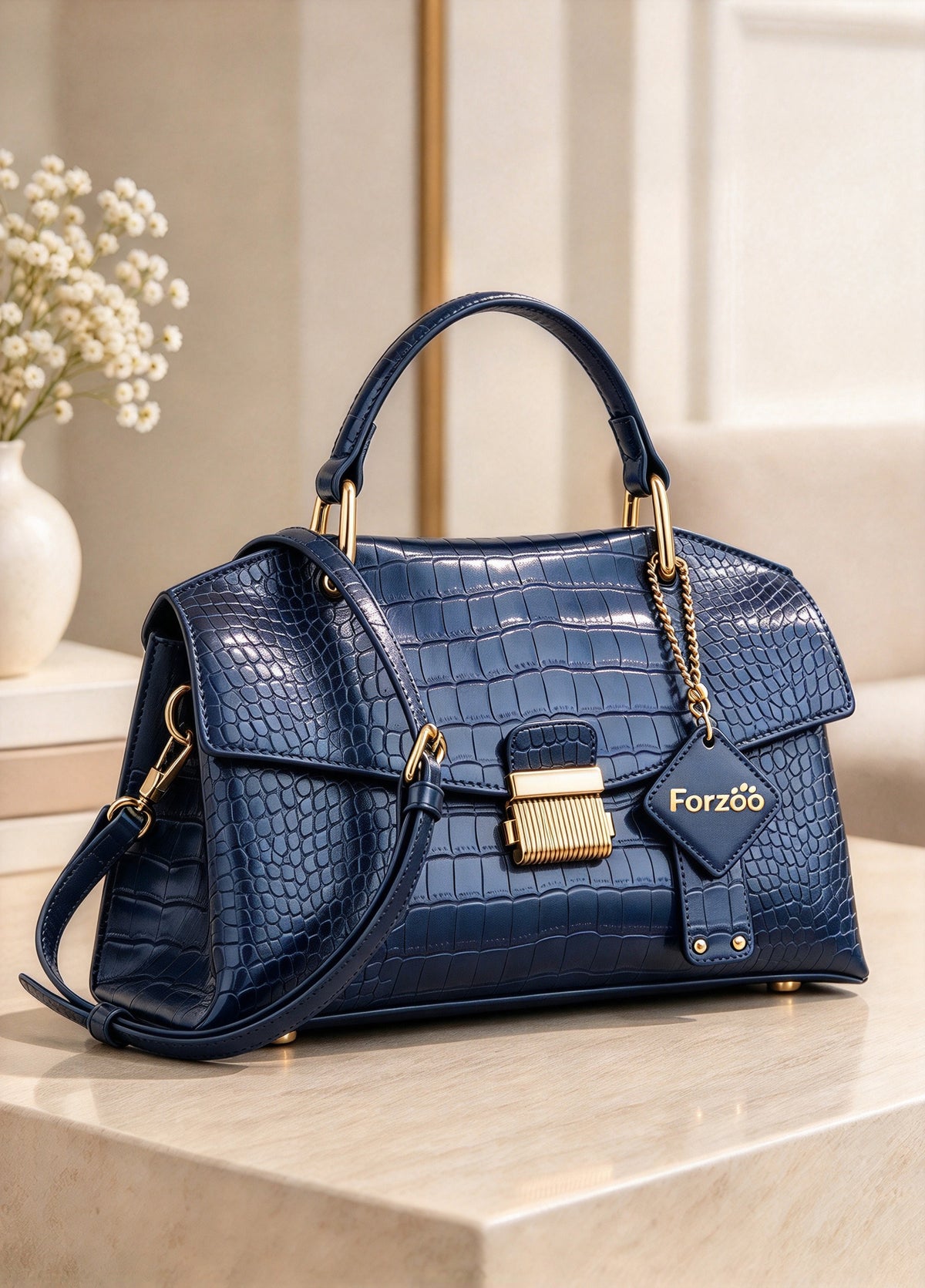 Forzoo Ladies' Handbags, Crocodile Pattern Top Handle Satchel, Elegant PU Leather Shoulder Crossbody Bag with Detachable Strap, Classic Flap Lock Purse for Daily Work Party