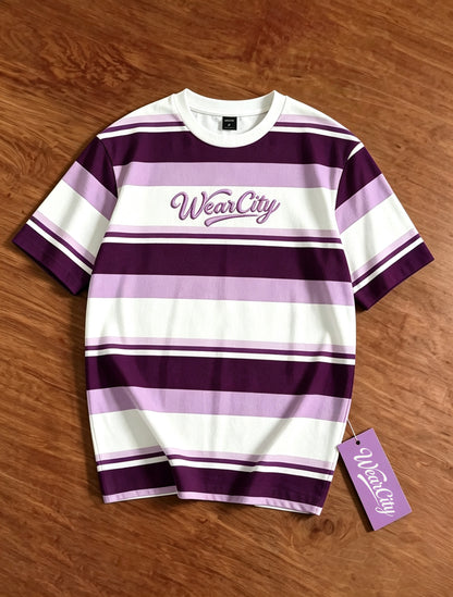 WearCity Striped Short Sleeve T-Shirt, Men Women Crew Neck Tee with Embroidery Letter, Casual Loose Fit Color Block Stripe T Shirt for Summer Daily Wear