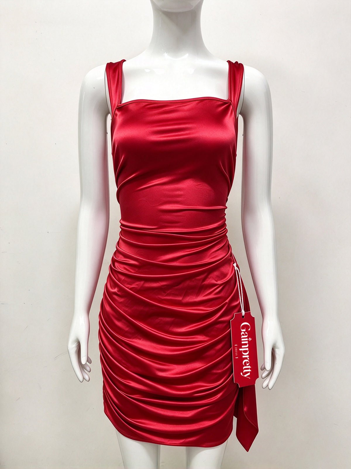 Gainpretty Women's Satin Slip Mini Dress, Square Neck Spaghetti Wide Strap Bodycon Ruched Short Dress, Cocktail Party Club Night Out Dresses