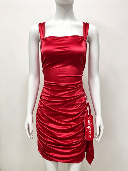 Gainpretty Women's Satin Slip Mini Dress, Square Neck Spaghetti Wide Strap Bodycon Ruched Short Dress, Cocktail Party Club Night Out Dresses