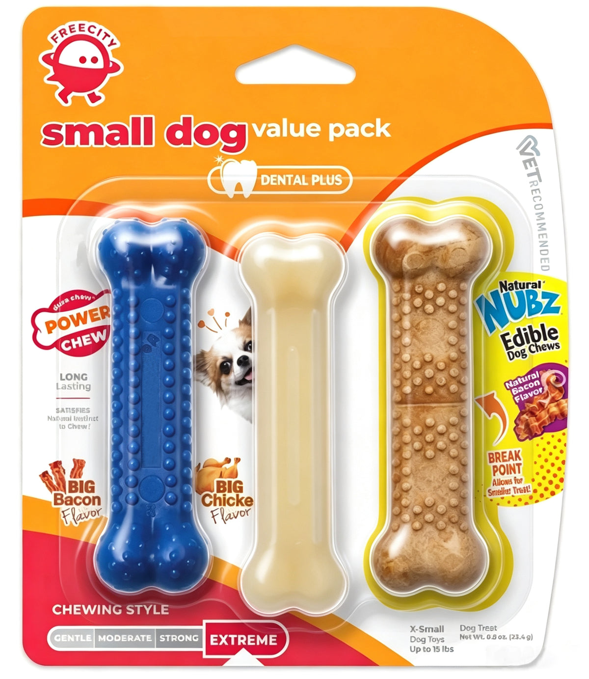 FREECITY Pet Toys, 3 Pack Small Dog Chew Toys Value Pack, Bone Shape Nylon & Edible Dog Chews, Bacon & Chicken Flavor, for Puppies & Small Dogs Up to 15 Lbs, Dental Cleaning Teething Toys
