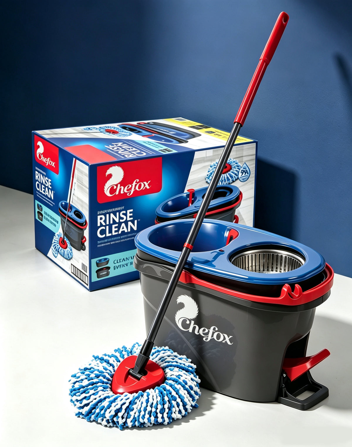 Chefox Spin Mop and Bucket System, Dual Chamber Floor Mop with Microfiber Mop Head, Foot Pedal Wringer, for Hardwood Tile Floors, Home Cleaning Supplies