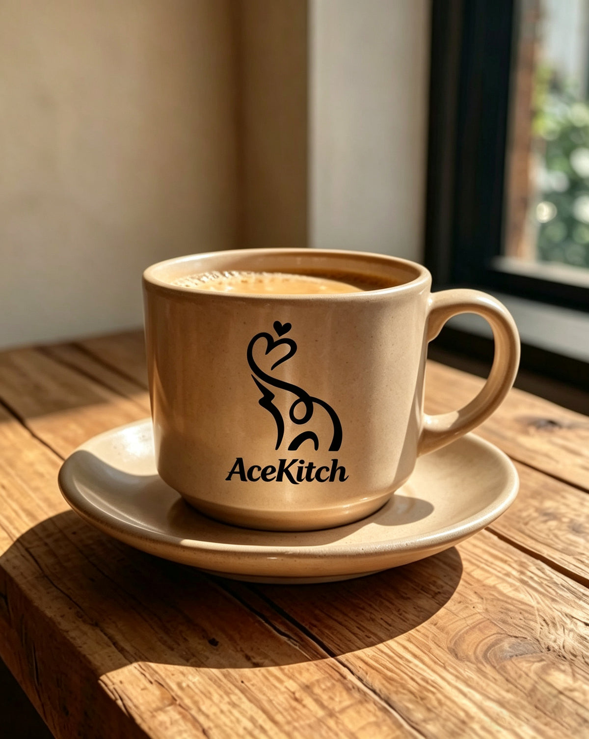 AceKitch Ceramic Coffee Mug with Saucer Set, Speckled Beige Espresso Cup, Stylish Latte Tea Cup for Home Kitchen Office, Ideal Gift for Coffee Lovers