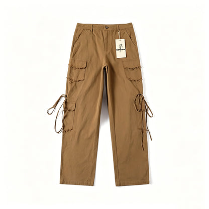 Sewnew Women's Khaki Cargo Pants, Raw Edge Multi Pocket Wide Leg Work Pants, Adjustable Drawstring Casual Streetwear Baggy Trousers