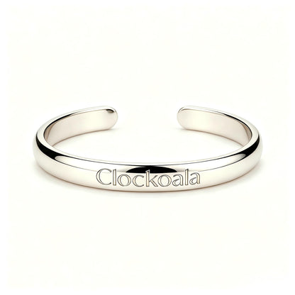 Clockoala Polished Silver Open Cuff Bracelets, Minimalist Engraved Brand Name Bangle Bracelet, Adjustable Tarnish Resistant Metal Bracelets Jewelry Gift for Women Men