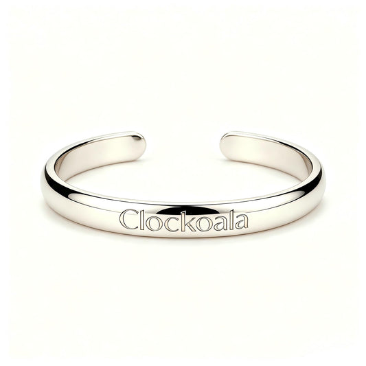 Clockoala Polished Silver Open Cuff Bracelets, Minimalist Engraved Brand Name Bangle Bracelet, Adjustable Tarnish Resistant Metal Bracelets Jewelry Gift for Women Men
