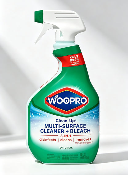 WOOPRO Clean-Up Multi-Surface Cleaner with Bleach, 3-in-1 Disinfecting Spray, Kills 99.9% of Viruses & Bacteria, Removes 99% Allergens, Original Scent