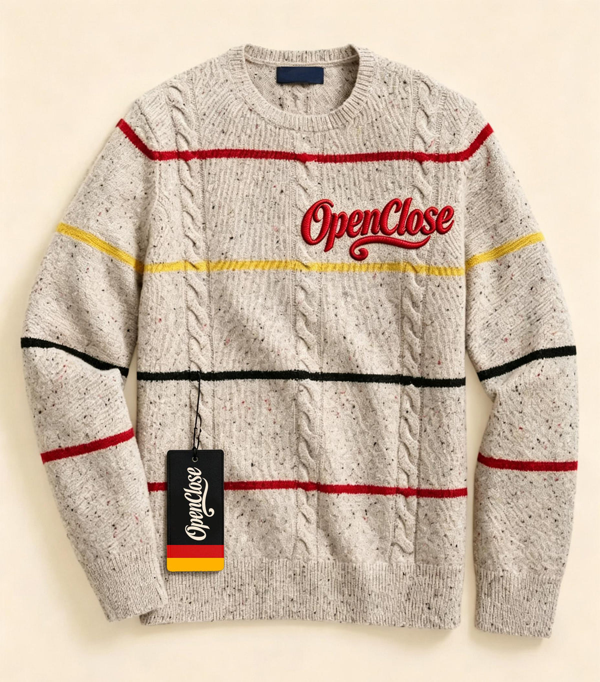 OpenClose Men's Cable Knit Crew Neck Sweater, Color Striped Speckled Knit Pullover Long Sleeve Casual Jumper for Fall Winter