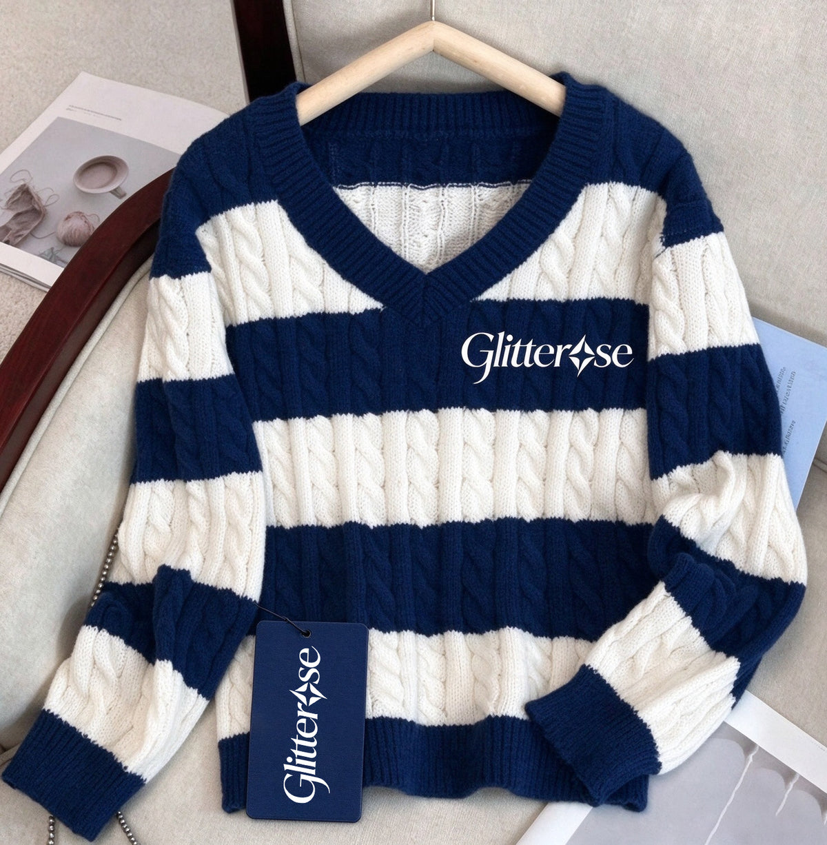 Glitterose Women's V Neck Cable Knit Sweater, Navy White Striped Long Sleeve Pullover Casual Loose Fit Jumper for Fall Winter