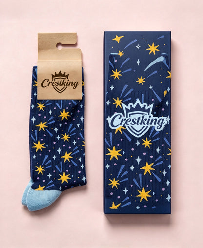 Crestking Star Pattern Crew Socks, Soft Breathable Novelty Mid Calf Socks for Men Women, Cute Starry Sky Dress Socks with Gift Box