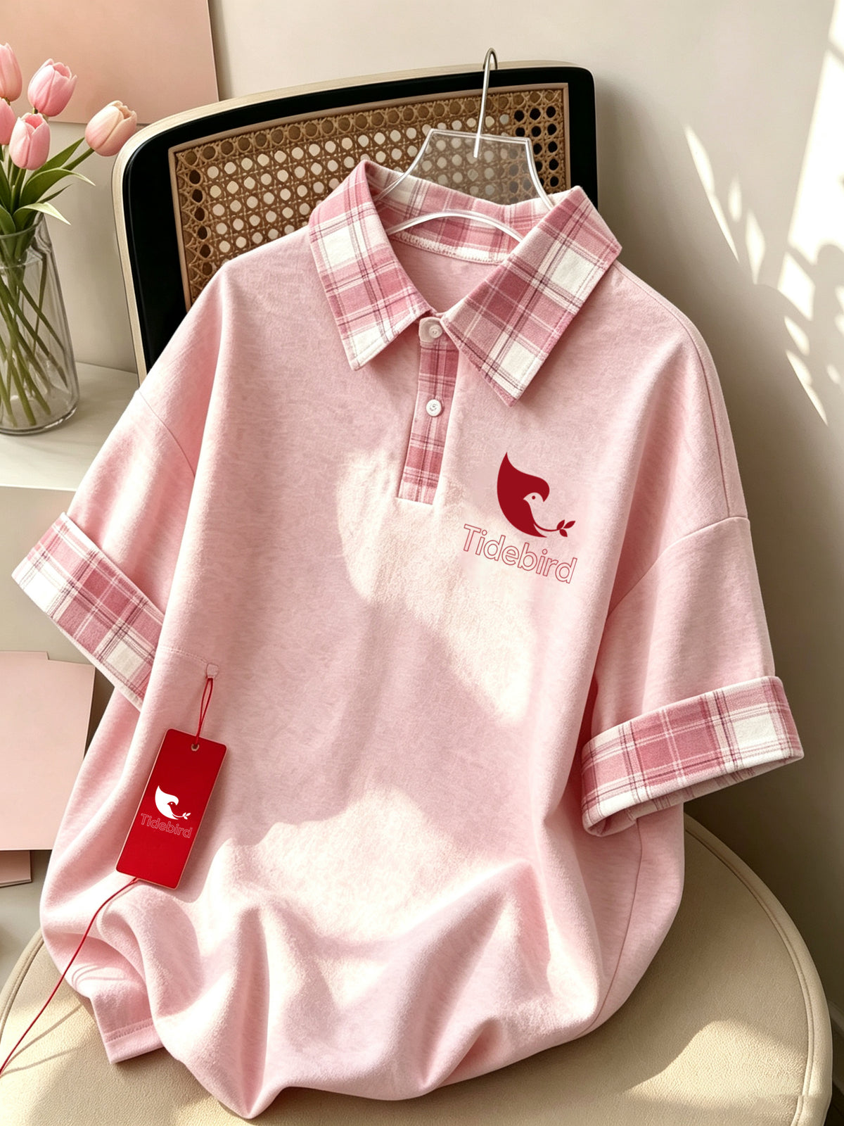 Tidebird Women's Short Sleeve Polo Shirt, Plaid Collar Cuff Design, Loose Casual Oversized T-Shirt, Cute Bird Logo Print Summer Tops for Girls