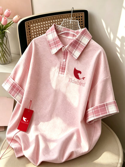 Tidebird Women's Short Sleeve Polo Shirt, Plaid Collar Cuff Design, Loose Casual Oversized T-Shirt, Cute Bird Logo Print Summer Tops for Girls