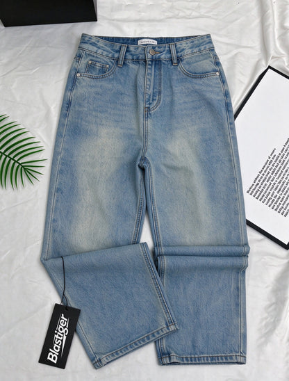 Blastiger Women's High Waist Wide Leg Jeans, Light Wash Loose Straight Denim Pants, Casual Baggy Trousers with Pockets