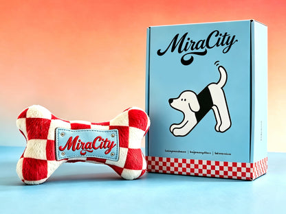 MiraCity Plush Bone Dog Toy, Red White Checkered Squeaky Dog Toy, Cute Stuffed Bone Chew Toy for Puppy Small Medium Dogs, Gift Box Packaging